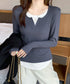 レイヤード風Tシャツ スリットネック秋服 レディース 重ね着風 カットソー 大人カジュアル 細見えTシャツ シンプル ストレッチフィット インナートップスおしゃれ 92EZ-001