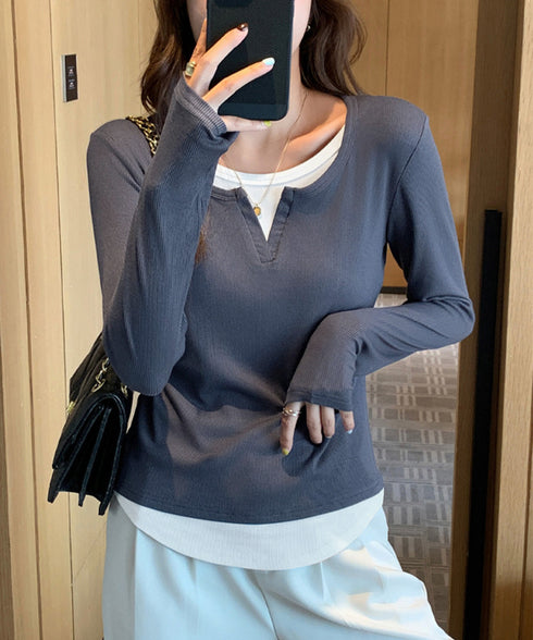 レイヤード風Tシャツ スリットネック秋服 レディース 重ね着風 カットソー 大人カジュアル 細見えTシャツ シンプル ストレッチフィット インナートップスおしゃれ 92EZ-001