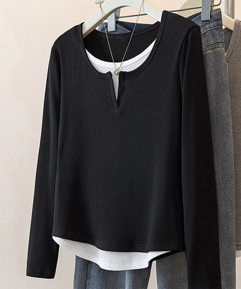 レイヤード風Tシャツ スリットネック秋服 レディース 重ね着風 カットソー 大人カジュアル 細見えTシャツ シンプル ストレッチフィット インナートップスおしゃれ 92EZ-001