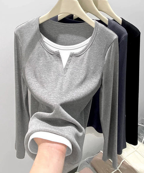 レイヤード風Tシャツ スリットネック秋服 レディース 重ね着風 カットソー 大人カジュアル 細見えTシャツ シンプル ストレッチフィット インナートップスおしゃれ 92EZ-001