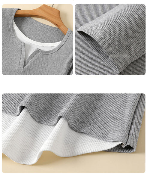 レイヤード風Tシャツ スリットネック秋服 レディース 重ね着風 カットソー 大人カジュアル 細見えTシャツ シンプル ストレッチフィット インナートップスおしゃれ 92EZ-001
