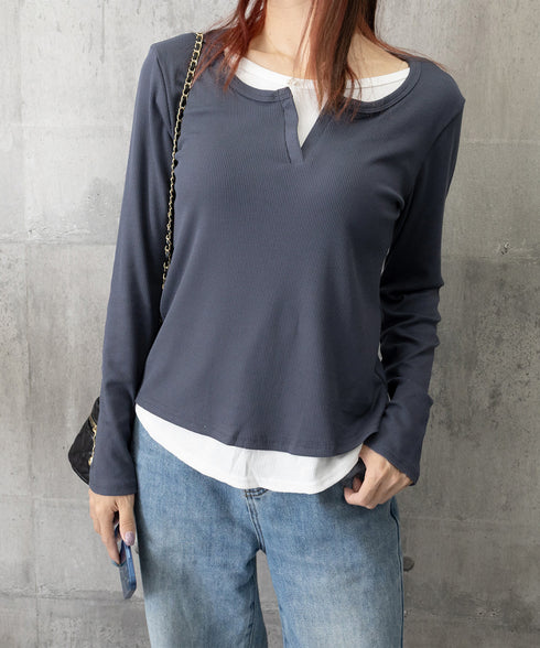 レイヤード風Tシャツ スリットネック秋服 レディース 重ね着風 カットソー 大人カジュアル 細見えTシャツ シンプル ストレッチフィット インナートップスおしゃれ 92EZ-001