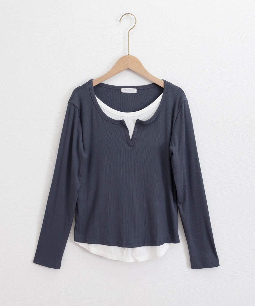 レイヤード風Tシャツ スリットネック秋服 詳細画像21