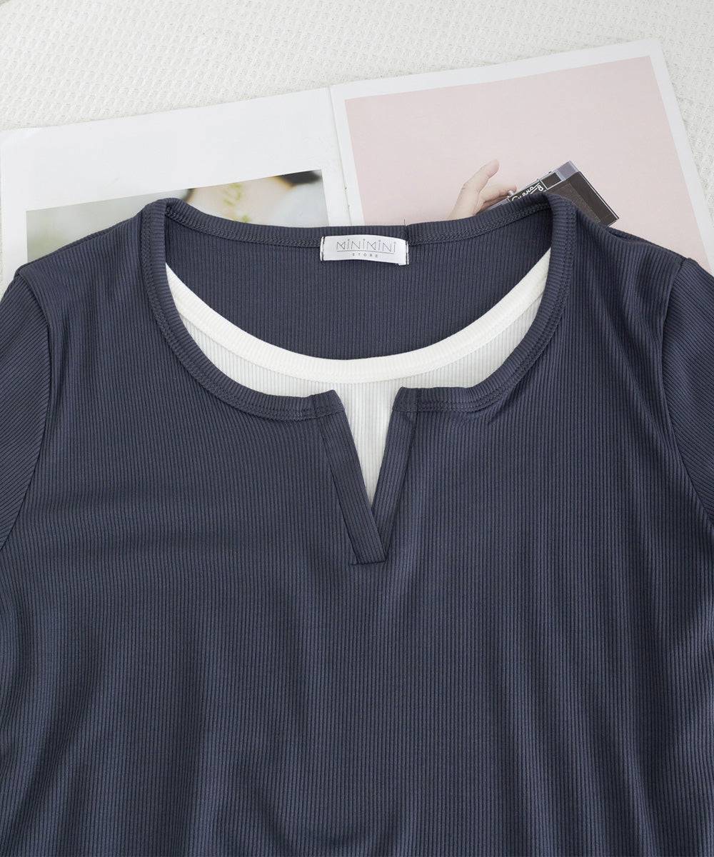 レイヤード風Tシャツ スリットネック秋服 詳細画像24
