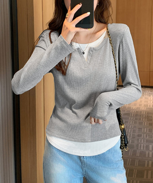 レイヤード風Tシャツ スリットネック秋服 レディース 重ね着風 カットソー 大人カジュアル 細見えTシャツ シンプル ストレッチフィット インナートップスおしゃれ 92EZ-001