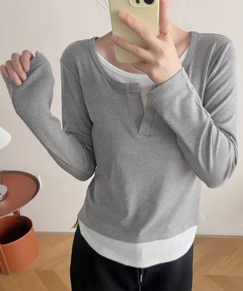 レイヤード風Tシャツ スリットネック秋服 レディース 重ね着風 カットソー 大人カジュアル 細見えTシャツ シンプル ストレッチフィット インナートップスおしゃれ 92EZ-001