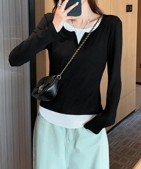 レイヤード風Tシャツ スリットネック秋服 レディース 重ね着風 カットソー 大人カジュアル 細見えTシャツ シンプル ストレッチフィット インナートップスおしゃれ 92EZ-001