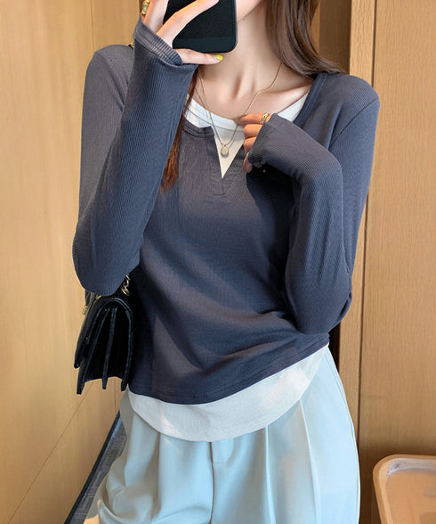 レイヤード風Tシャツ スリットネック秋服 レディース 重ね着風 カットソー 大人カジュアル 細見えTシャツ シンプル ストレッチフィット インナートップスおしゃれ 92EZ-001