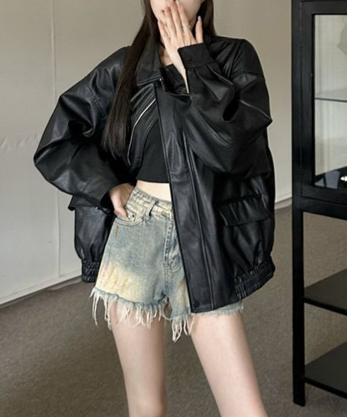 ライダースジャケット レディースブルゾン 大人かっこいい PUレザージャケット 防風防寒 ゆったり革ジャン レトロ 合皮ジャケット フェイクレザーアウター 韓国風 92FUYA-001