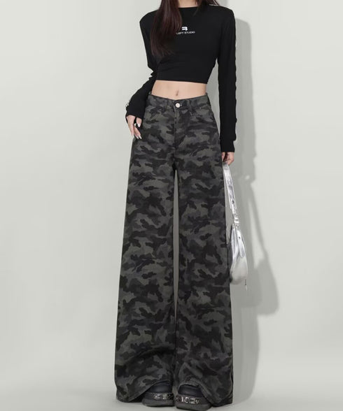 迷彩柄ワイドデニムパンツ カモフラパンツ レディース ハイウエストロングパンツ 体型カバー カジュアルボトムス レトロ風 バギーパンツY2Kカーゴパンツストリート 92GZHN-001