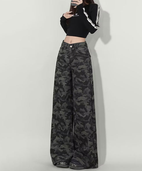迷彩柄ワイドデニムパンツ カモフラパンツ レディース ハイウエストロングパンツ 体型カバー カジュアルボトムス レトロ風 バギーパンツY2Kカーゴパンツストリート 92GZHN-001