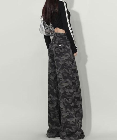 迷彩柄ワイドデニムパンツ カモフラパンツ レディース ハイウエストロングパンツ 体型カバー カジュアルボトムス レトロ風 バギーパンツY2Kカーゴパンツストリート 92GZHN-001