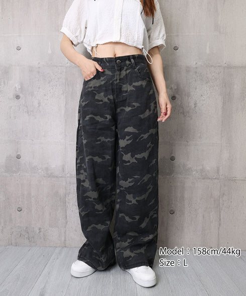 迷彩柄ワイドデニムパンツ カモフラパンツ レディース ハイウエストロングパンツ 体型カバー カジュアルボトムス レトロ風 バギーパンツY2Kカーゴパンツストリート 92GZHN-001