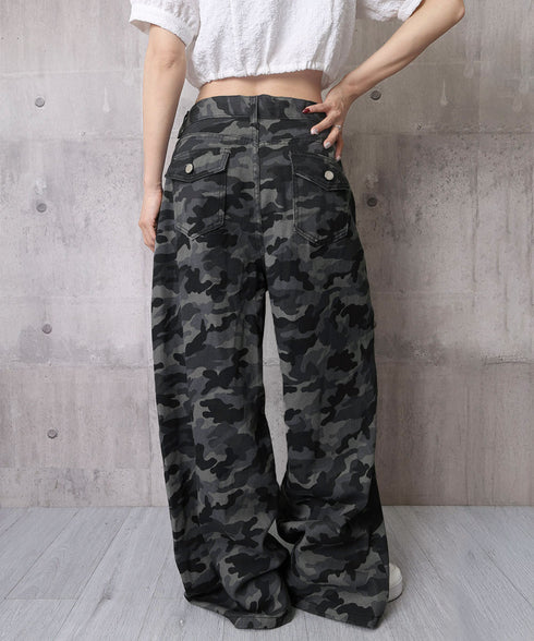 迷彩柄ワイドデニムパンツ カモフラパンツ レディース ハイウエストロングパンツ 体型カバー カジュアルボトムス レトロ風 バギーパンツY2Kカーゴパンツストリート 92GZHN-001