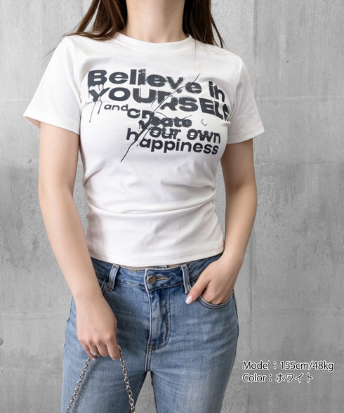 タイトロゴTシャツグラフィック半袖韓国風 大人カジュアル英字プリントトップス クルーネックタイトtシャツ ストリート系女子甘辛ミックス春夏服 コンパクトカットソー 92HANPINFS-006
