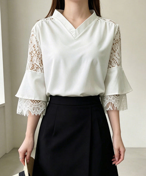 花柄レースVネックブラウスフレア袖春夏服 レディース 上品フラワーレースとろみブラウス 体型カバートップス 大人フェミニン 通勤服韓国風きれいめ ゆったりブラウス 92HANPINFS-009