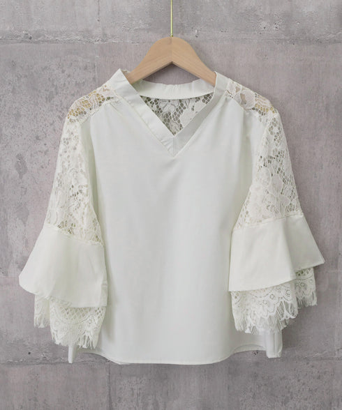 花柄レースVネックブラウスフレア袖春夏服 レディース 上品フラワーレースとろみブラウス 体型カバートップス 大人フェミニン 通勤服韓国風きれいめ ゆったりブラウス 92HANPINFS-009