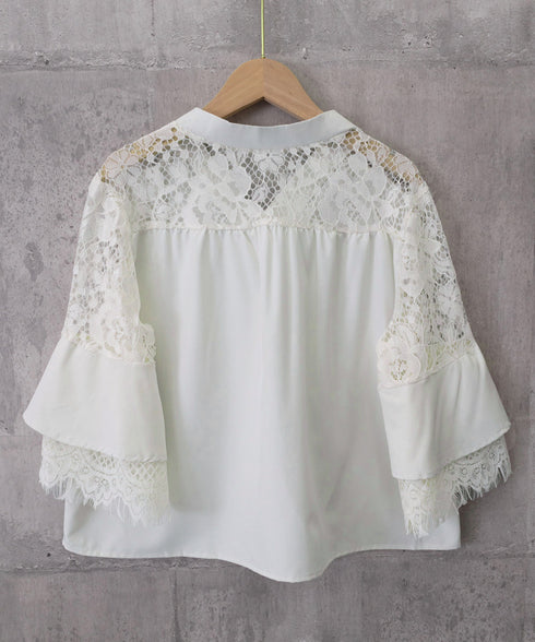 花柄レースVネックブラウスフレア袖春夏服 レディース 上品フラワーレースとろみブラウス 体型カバートップス 大人フェミニン 通勤服韓国風きれいめ ゆったりブラウス 92HANPINFS-009