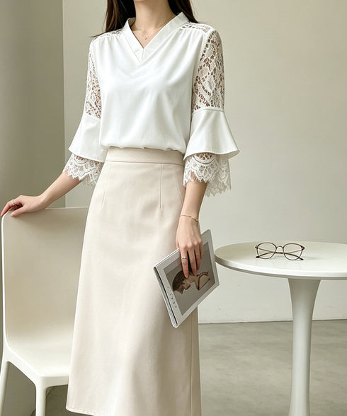 花柄レースVネックブラウスフレア袖春夏服 レディース 上品フラワーレースとろみブラウス 体型カバートップス 大人フェミニン 通勤服韓国風きれいめ ゆったりブラウス 92HANPINFS-009