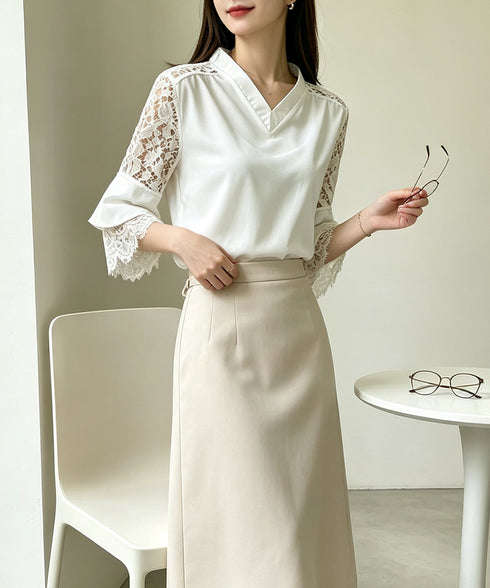 花柄レースVネックブラウスフレア袖春夏服 レディース 上品フラワーレースとろみブラウス 体型カバートップス 大人フェミニン 通勤服韓国風きれいめ ゆったりブラウス 92HANPINFS-009