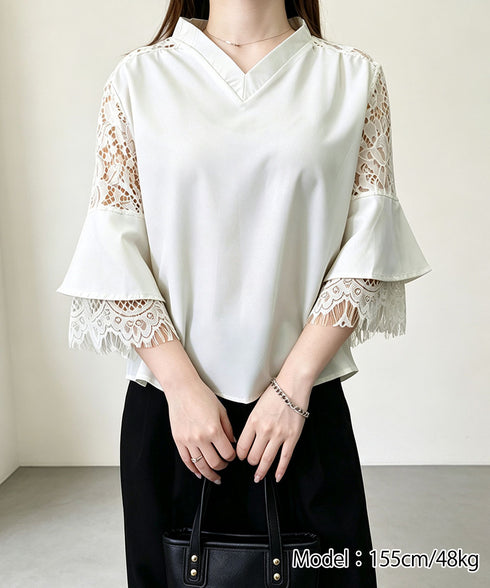 花柄レースVネックブラウスフレア袖春夏服 レディース 上品フラワーレースとろみブラウス 体型カバートップス 大人フェミニン 通勤服韓国風きれいめ ゆったりブラウス 92HANPINFS-009