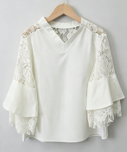 花柄レースVネックブラウスフレア袖春夏服 レディース 上品フラワーレースとろみブラウス 体型カバートップス 大人フェミニン 通勤服韓国風きれいめ ゆったりブラウス 92HANPINFS-009