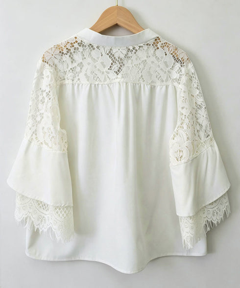 花柄レースVネックブラウスフレア袖春夏服 レディース 上品フラワーレースとろみブラウス 体型カバートップス 大人フェミニン 通勤服韓国風きれいめ ゆったりブラウス 92HANPINFS-009