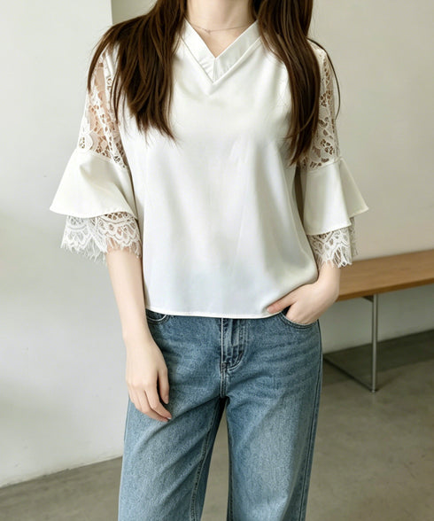 花柄レースVネックブラウスフレア袖春夏服 レディース 上品フラワーレースとろみブラウス 体型カバートップス 大人フェミニン 通勤服韓国風きれいめ ゆったりブラウス 92HANPINFS-009