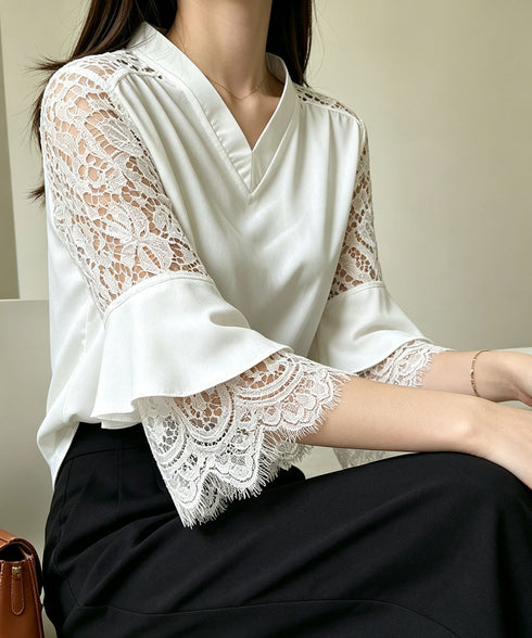花柄レースVネックブラウスフレア袖春夏服 レディース 上品フラワーレースとろみブラウス 体型カバートップス 大人フェミニン 通勤服韓国風きれいめ ゆったりブラウス 92HANPINFS-009
