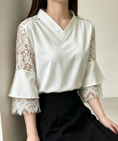 花柄レースVネックブラウスフレア袖春夏服 レディース 上品フラワーレースとろみブラウス 体型カバートップス 大人フェミニン 通勤服韓国風きれいめ ゆったりブラウス 92HANPINFS-009