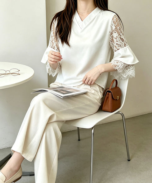 花柄レースVネックブラウスフレア袖春夏服 レディース 上品フラワーレースとろみブラウス 体型カバートップス 大人フェミニン 通勤服韓国風きれいめ ゆったりブラウス 92HANPINFS-009