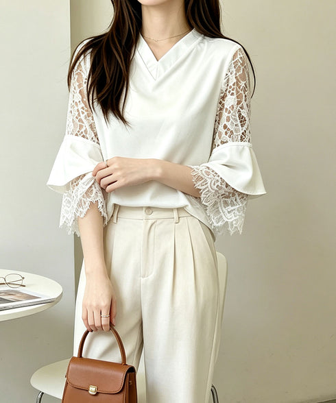 花柄レースVネックブラウスフレア袖春夏服 レディース 上品フラワーレースとろみブラウス 体型カバートップス 大人フェミニン 通勤服韓国風きれいめ ゆったりブラウス 92HANPINFS-009