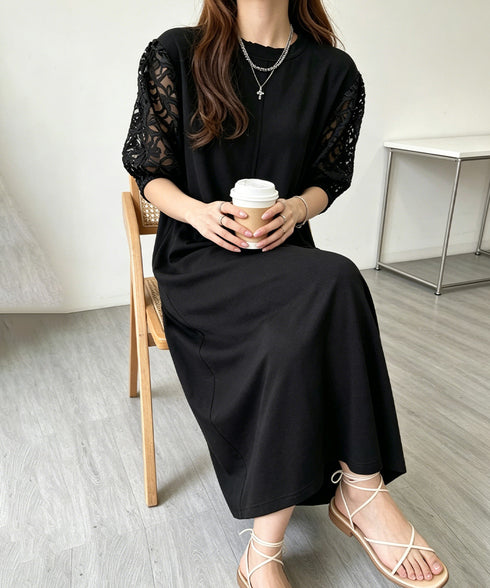 袖花柄チュールドッキングロングワンピース 大人の抜け感ワンピレディース 体型カバー 立体花柄レース袖切替ワンピ春夏 大人可愛い ぽわん袖華奢見えワンピース 韓国風 92HANPINFS-010
