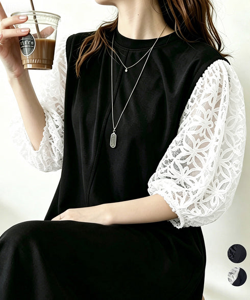 袖花柄チュールドッキングロングワンピース 大人の抜け感ワンピレディース 体型カバー 立体花柄レース袖切替ワンピ春夏 大人可愛い ぽわん袖華奢見えワンピース 韓国風 92HANPINFS-010