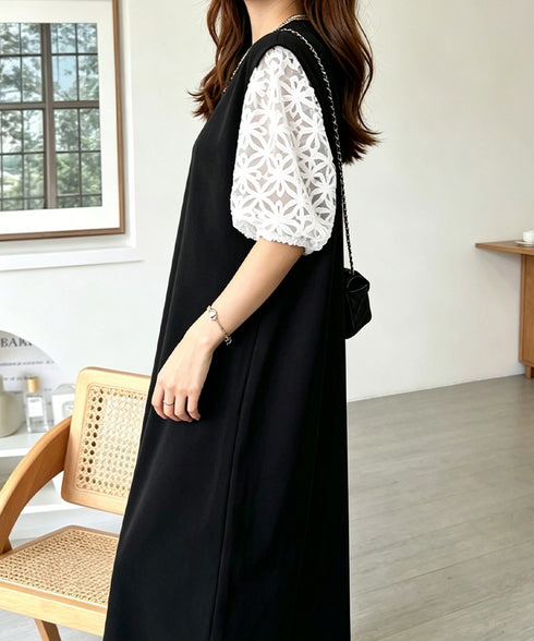 袖花柄チュールドッキングロングワンピース 大人の抜け感ワンピレディース 体型カバー 立体花柄レース袖切替ワンピ春夏 大人可愛い ぽわん袖華奢見えワンピース 韓国風 92HANPINFS-010