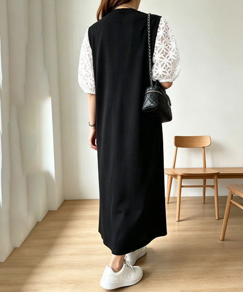 袖花柄チュールドッキングロングワンピース 大人の抜け感ワンピレディース 体型カバー 立体花柄レース袖切替ワンピ春夏 大人可愛い ぽわん袖華奢見えワンピース 韓国風 92HANPINFS-010