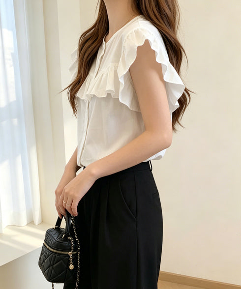 レディースフリルブラウス 半袖シャツ夏服 大人可愛いストライプシャツ きれいめフェミニン フレンチスリーブブラウス 体型カバー 着映えトップス オフィスカジュアル 92HANPINFS-011