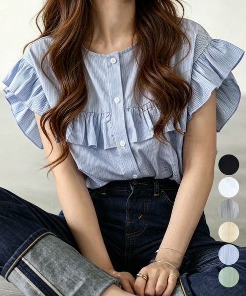 レディースフリルブラウス 半袖シャツ夏服 大人可愛いストライプシャツ きれいめフェミニン フレンチスリーブブラウス 体型カバー 着映えトップス オフィスカジュアル 92HANPINFS-011