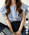レディースフリルブラウス 半袖シャツ夏服 大人可愛いストライプシャツ きれいめフェミニン フレンチスリーブブラウス 体型カバー 着映えトップス オフィスカジュアル 92HANPINFS-011