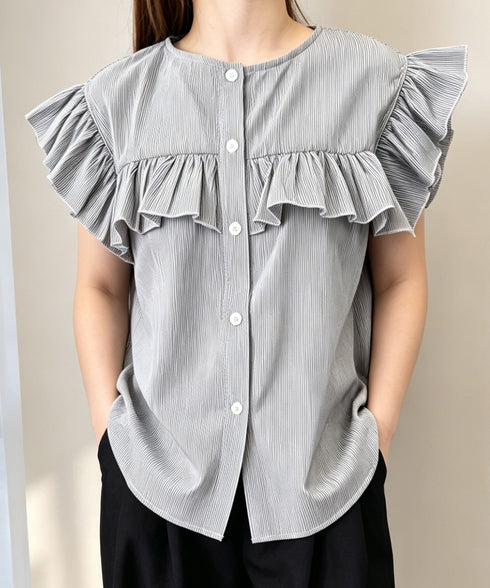 レディースフリルブラウス 半袖シャツ夏服 大人可愛いストライプシャツ きれいめフェミニン フレンチスリーブブラウス 体型カバー 着映えトップス オフィスカジュアル 92HANPINFS-011