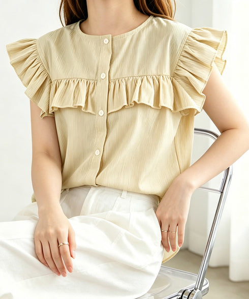 レディースフリルブラウス 半袖シャツ夏服 大人可愛いストライプシャツ きれいめフェミニン フレンチスリーブブラウス 体型カバー 着映えトップス オフィスカジュアル 92HANPINFS-011