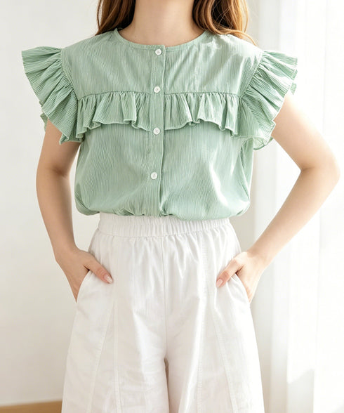 レディースフリルブラウス 半袖シャツ夏服 大人可愛いストライプシャツ きれいめフェミニン フレンチスリーブブラウス 体型カバー 着映えトップス オフィスカジュアル 92HANPINFS-011