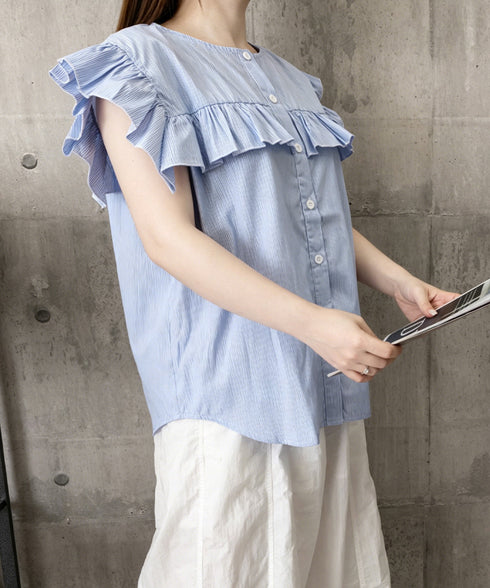 レディースフリルブラウス 半袖シャツ夏服 大人可愛いストライプシャツ きれいめフェミニン フレンチスリーブブラウス 体型カバー 着映えトップス オフィスカジュアル 92HANPINFS-011
