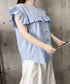 レディースフリルブラウス 半袖シャツ夏服 大人可愛いストライプシャツ きれいめフェミニン フレンチスリーブブラウス 体型カバー 着映えトップス オフィスカジュアル 92HANPINFS-011