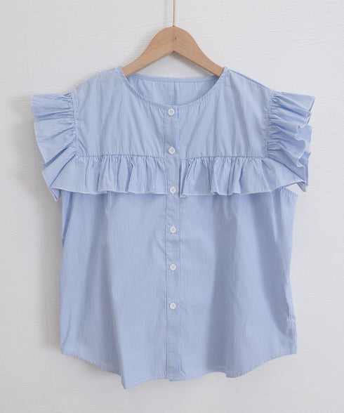 レディースフリルブラウス 半袖シャツ夏服 大人可愛いストライプシャツ きれいめフェミニン フレンチスリーブブラウス 体型カバー 着映えトップス オフィスカジュアル 92HANPINFS-011