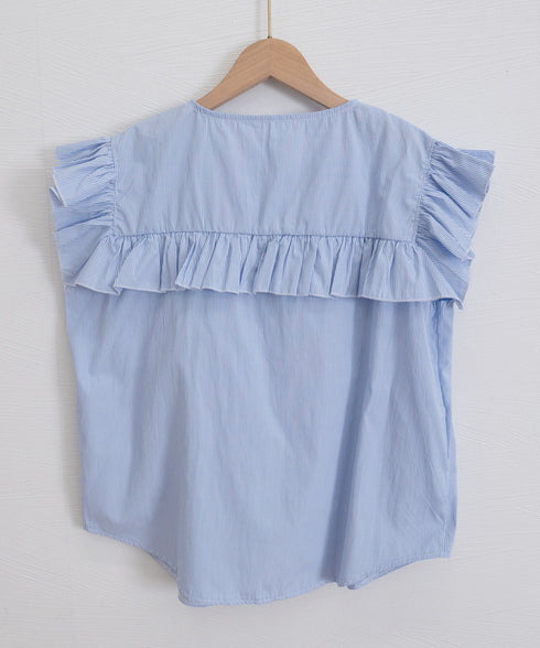 レディースフリルブラウス 半袖シャツ夏服 大人可愛いストライプシャツ きれいめフェミニン フレンチスリーブブラウス 体型カバー 着映えトップス オフィスカジュアル 92HANPINFS-011