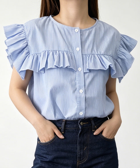 レディースフリルブラウス 半袖シャツ夏服 大人可愛いストライプシャツ きれいめフェミニン フレンチスリーブブラウス 体型カバー 着映えトップス オフィスカジュアル 92HANPINFS-011