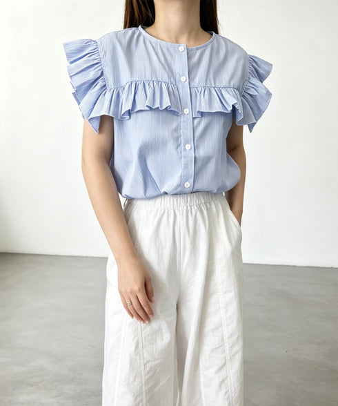 レディースフリルブラウス 半袖シャツ夏服 大人可愛いストライプシャツ きれいめフェミニン フレンチスリーブブラウス 体型カバー 着映えトップス オフィスカジュアル 92HANPINFS-011