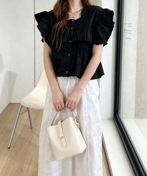 レディースフリルブラウス 半袖シャツ夏服 大人可愛いストライプシャツ きれいめフェミニン フレンチスリーブブラウス 体型カバー 着映えトップス オフィスカジュアル 92HANPINFS-011