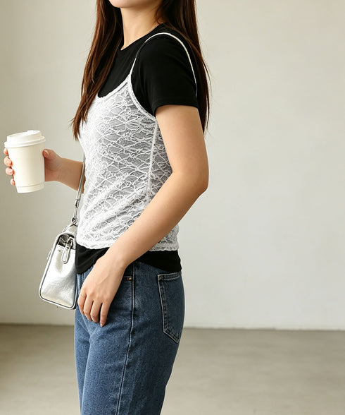 総レースシアーキャミソールレイヤード夏服 花柄レースインナー シースルーキャミ ビスチェ風トップス透け感 重ね着インナーセクシーきれいめ着やせ可愛いチラ見せキャミ 92HANPINFS-013